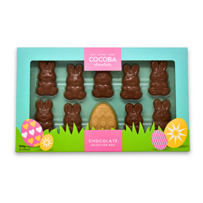 Easter Chocolate Selection Box, including nine milk chocolate bunnies and one golden caramel egg