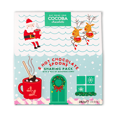 Cocoba Hot Chocolate Spoons sharing pack with Christmas-themed design