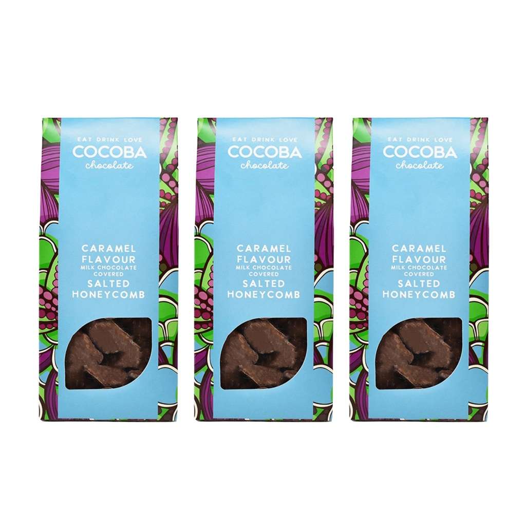 Three boxes of Cocoba chocolate with caramel flavor and salted honeycomb on a white background