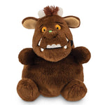 A brown plush Gruffalo toy with large ears, yellow eyes, a small green nose, and white tusks, photographed on a plain white background.