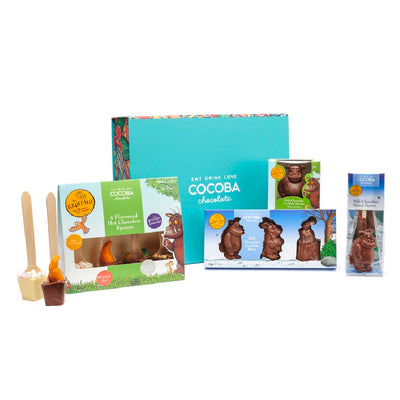 Gruffalo chocolates and hot chocolate in a bright Cocoba gift box