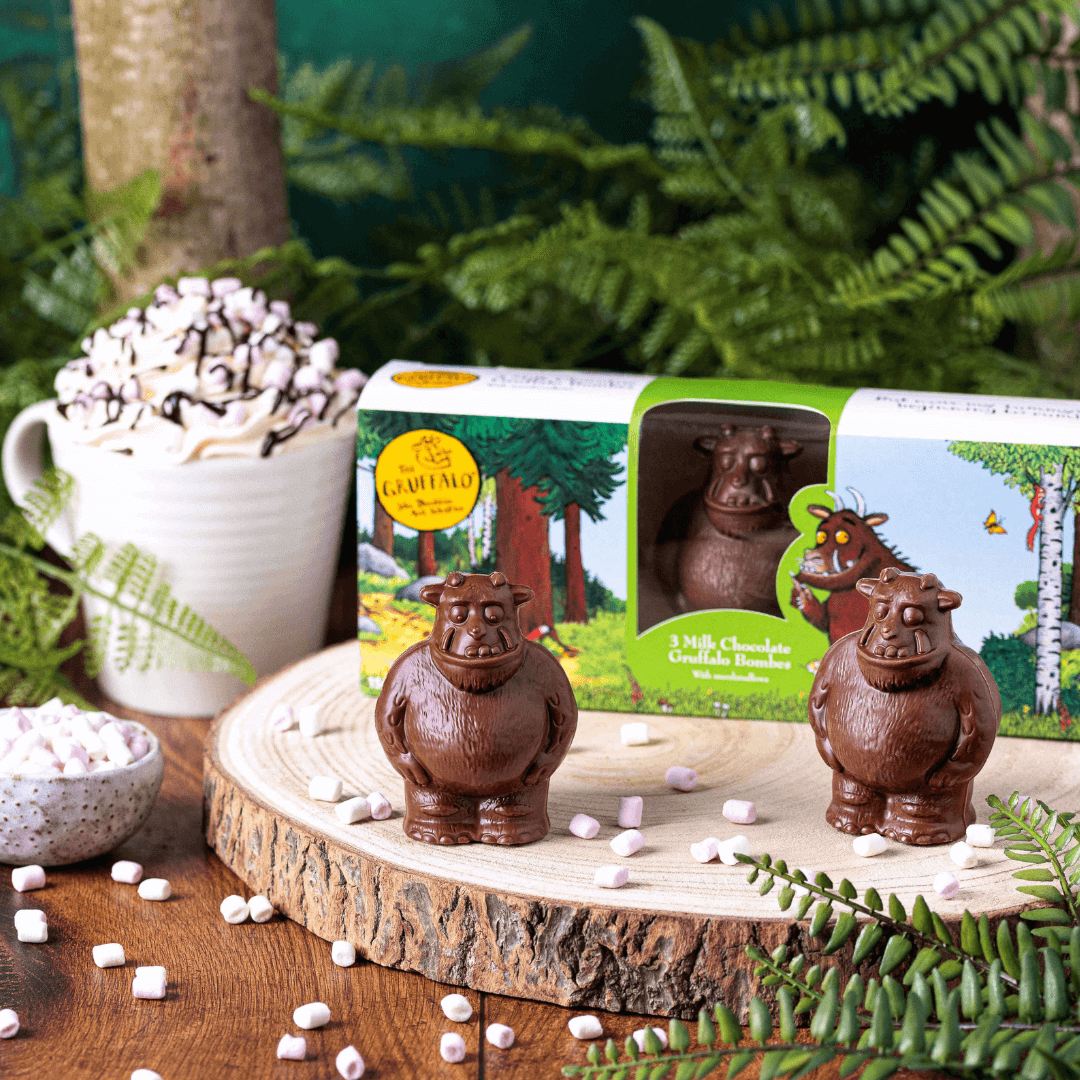 Gruffalo Shaped Hot Chocolate bombe and a Hot Chocolate 