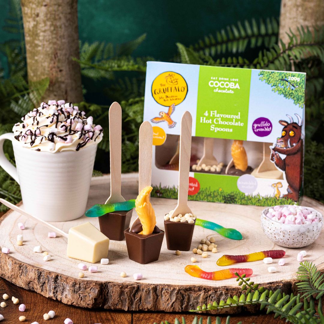 A gift pack of four Gruffalo flavoured hot chocolate spoons by Cocoba