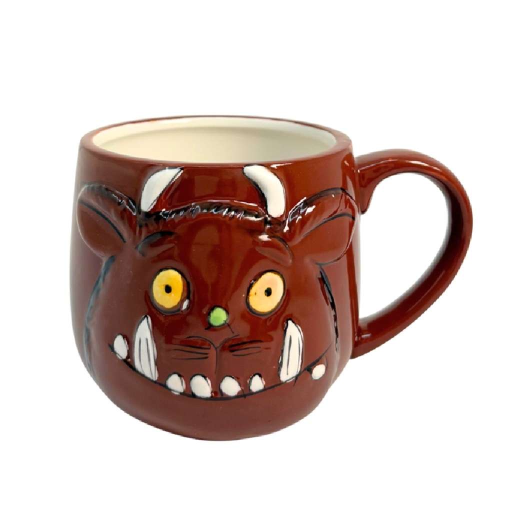 Brown mug with a Gruffalo face on the front