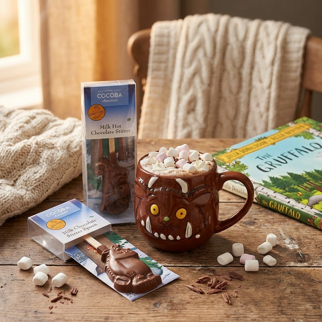 Hot chocolate with marshmallows in a Gruffalo-themed mug on a wooden table.