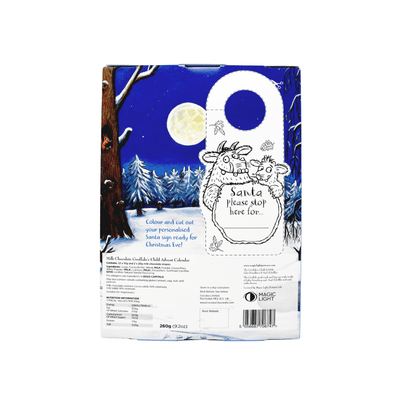 Packaging for a chocolate product with a festive design featuring a moonlit scene and reindeer.