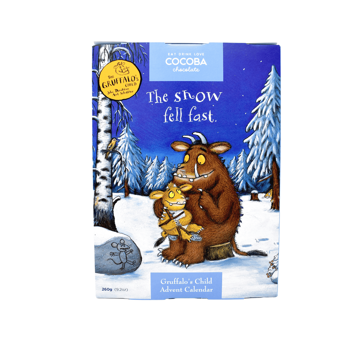 Cocoa bar packaging with Gruffalo and Child characters in a snowy scene