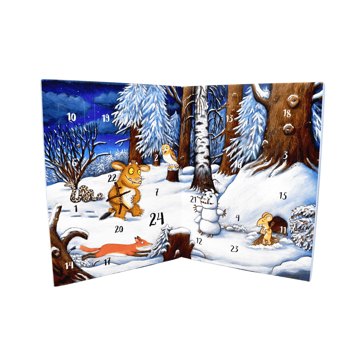 Advent calendar with winter scene and characters in a snowy forest