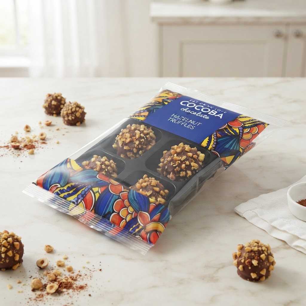 A package of chocolate-covered nuts and dried truffles on a light marble countertop, with a few loose truffles and nut crumbs scattered around. The packaging is colorful with a blue label reading 'COCOBA chocolate' and 'HAZELNUT TRUFFLES'.