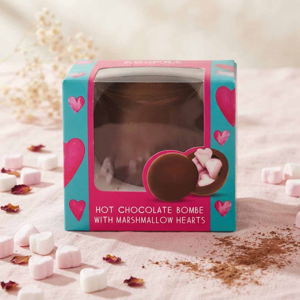 A boxed hot chocolate bomb with marshmallow hearts, shown in its retail packaging on a soft pink surface with scattered marshmallows and cocoa powder.