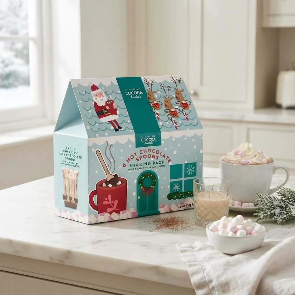 Cocoba  hot chocolate sharing pack in a decorated house-shaped box, styled on a kitchen counter with a mug of hot chocolate, marshmallows, and a glass of milk.