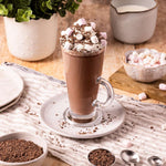 A Hot chocolate made with real chocolate, not powder. Topped with cream and marshmallows.