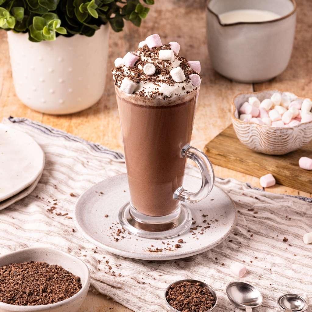 A Hot chocolate made with real chocolate, not powder. Topped with cream and marshmallows.