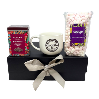 Tin of cocoba signature flakes, Cocoba mug and Cocoba Marshmallows in a black gift box