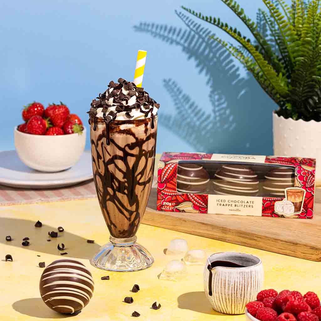 Iced Chocolate Frappe with Whipped Cream, Chocolate Sauce, and Chocolate Flakes