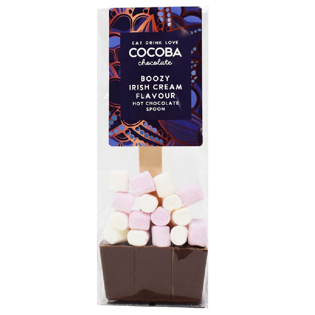 Cocoa Irish Cream flavoured milk hot chocolate spoon with marshmallows in packaging on a white background