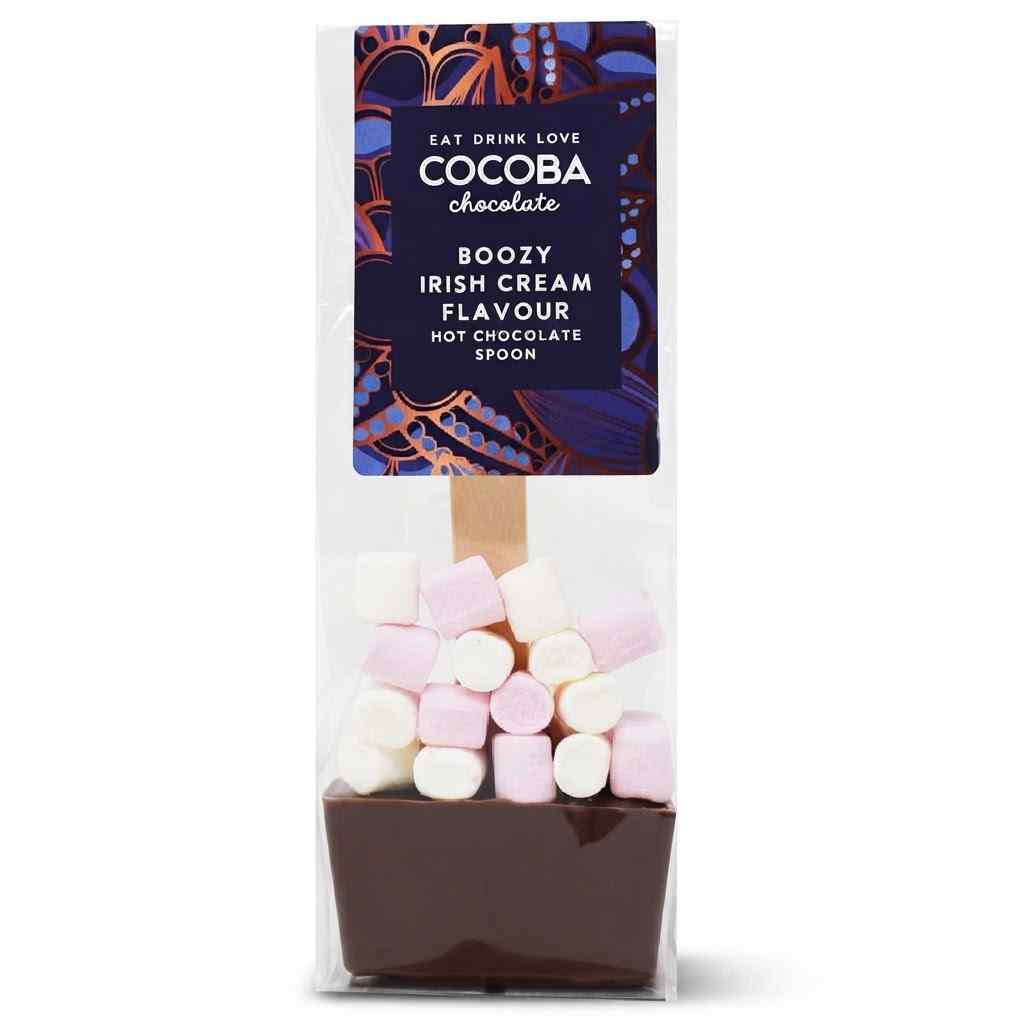 Cocoa Chocolate Boozy Irish Cream Flavour Hot Chocolate Spoon in a clear plastic bag with a dark purple label, containing a brown chocolate base topped with pink and white marshmallows.