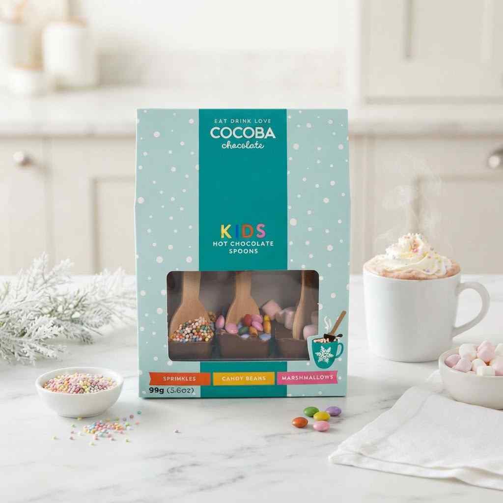 A package of cocoa chocolate kids hot chocolate spoons stands on a marble countertop in a bright kitchen setting, with a mug of hot chocolate, sprinkles, and marshmallows nearby.