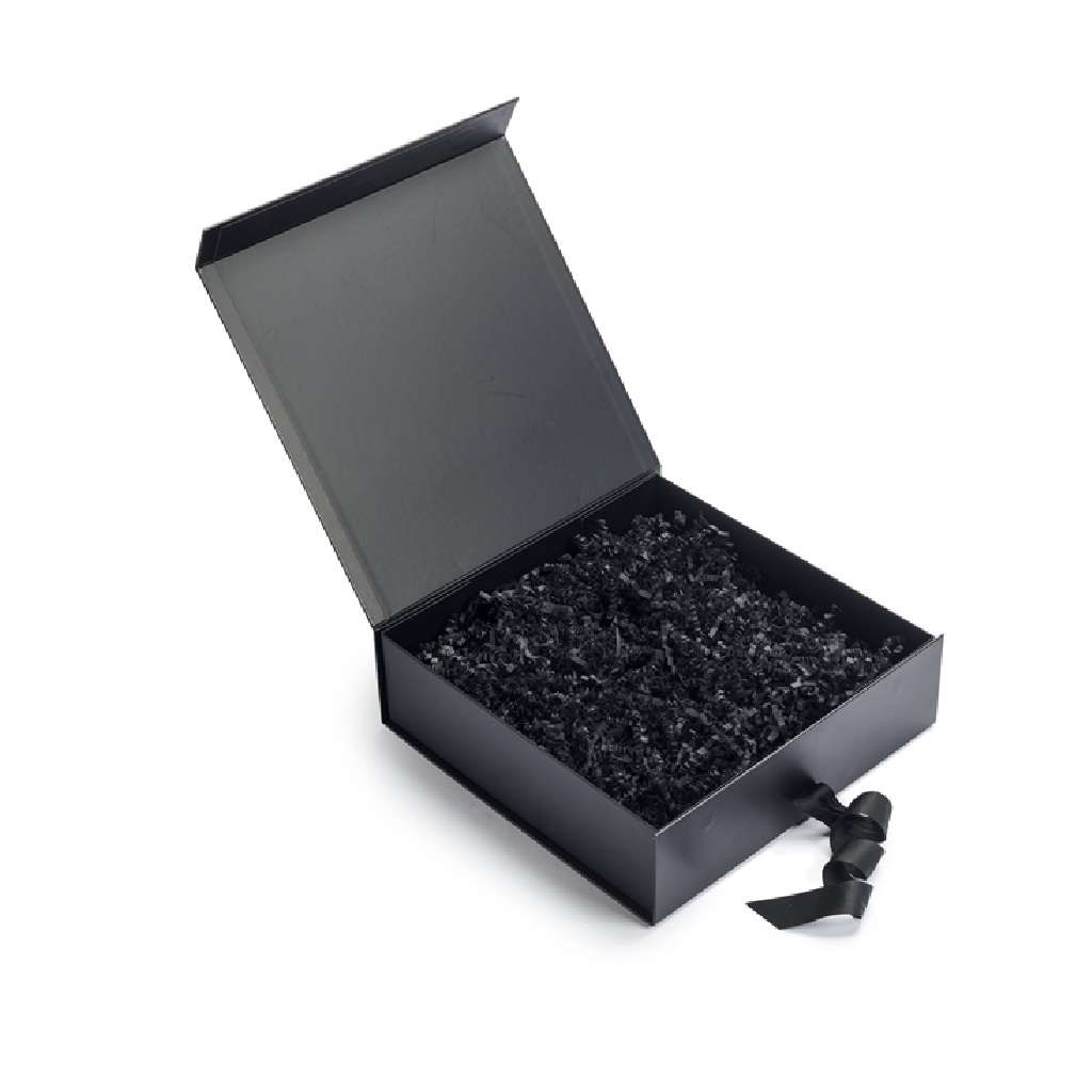 Black gift box with black ribbon on a white background
