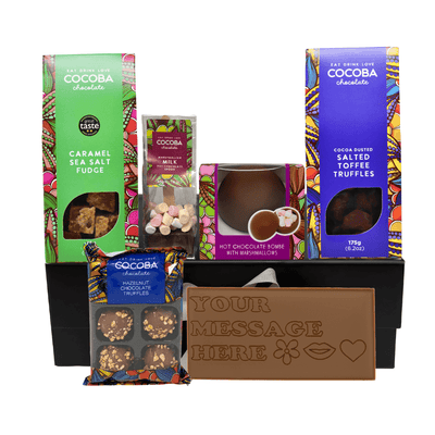 Assorted COCOBA chocolate products with customizable message bar on a white background