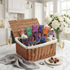 Beautiful wicker basket filled with chocolate treats including hot chocolate, truffles, buttons, and honeycomb plus two ceramic Cocoba mugs.