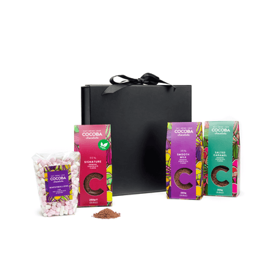 Luxury Hot Chocolate Flakes Gift Set with black gift box.