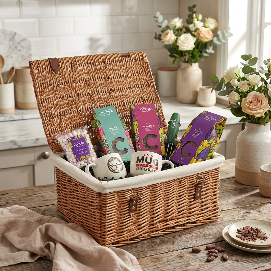Wicker gift basket with Cocoba chocolate products on a kitchen counter
