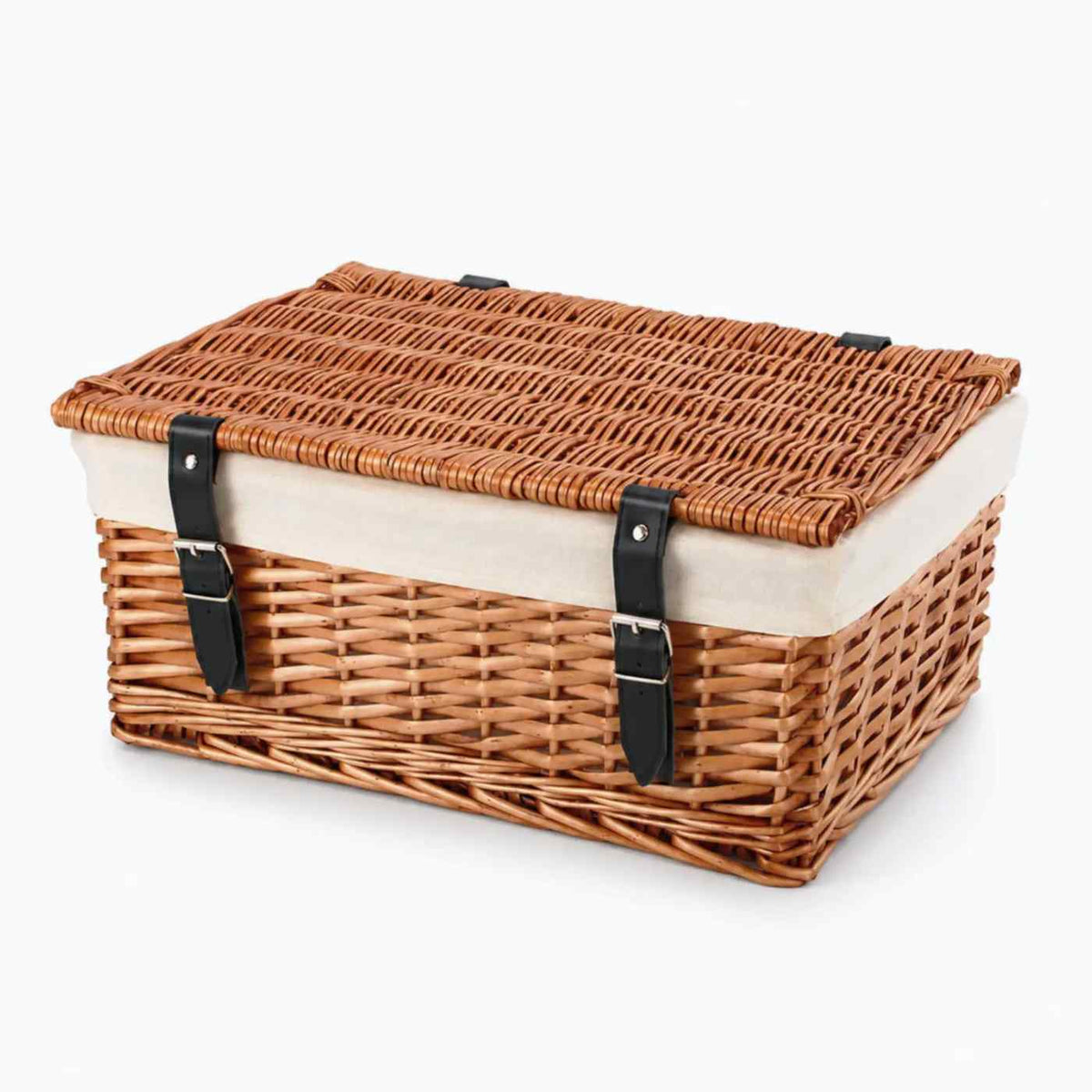 16 inch Wicker Hamper made from Split Willow, with a white cotton liner and two faux leather black buckles for fastening.