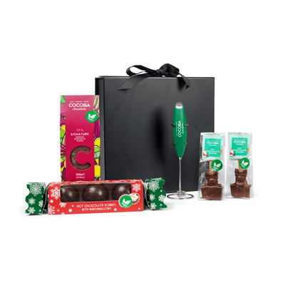 Vegan Hot chocolate gift set with a black gift box. 
