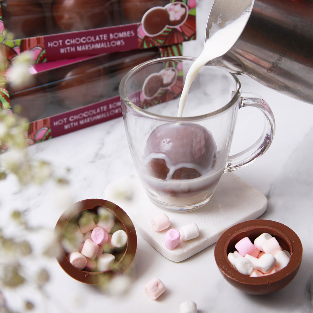 Milk Chocolate Hot Chocolate Bombes with Marshmallows