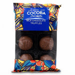A package of Cocoba Chocolate Milk Chocolate Truffles in a clear window bag with a vibrant, multicolored patterned design and a blue brand label.
