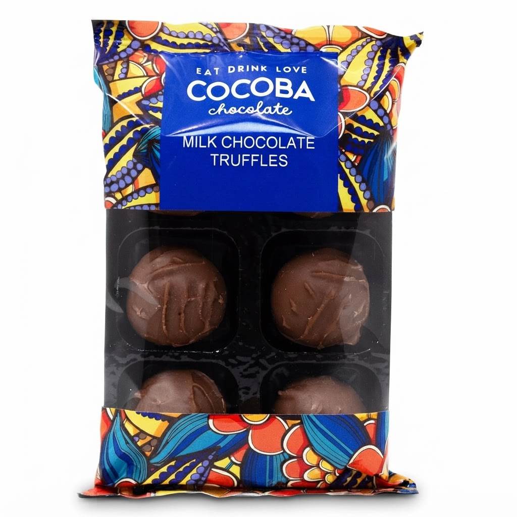 A package of Cocoba Chocolate Milk Chocolate Truffles in a clear window bag with a vibrant, multicolored patterned design and a blue brand label.