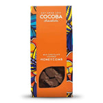 A package of Cocoba Chocolate Honeycomb milk chocolate covered pieces, featuring a bright orange front with colorful patterned borders and a clear window showing the chocolate pieces inside.