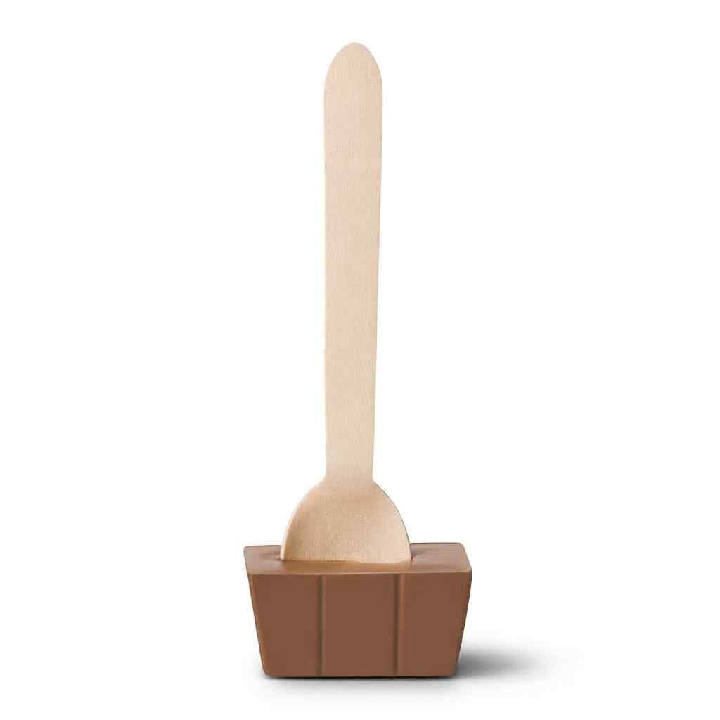 A wooden spoon with a light natural wood handle and bowl, set in a square brown holder on a plain white background.