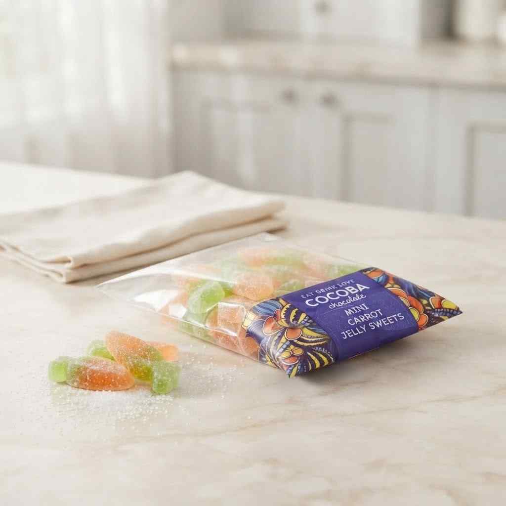 Packet of mini jelly sweets laid down on a kitchen surface