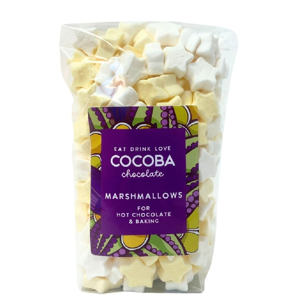 Bag of mini yellow and white marshmallows in the shape of stars, in a clear bag with a Cocoba Chocolate label.