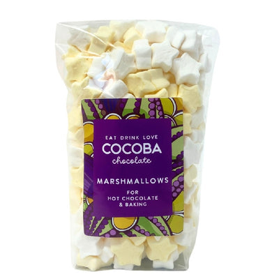 Bag of mini yellow and white marshmallows in the shape of stars, in a clear bag with a Cocoba Chocolate label.