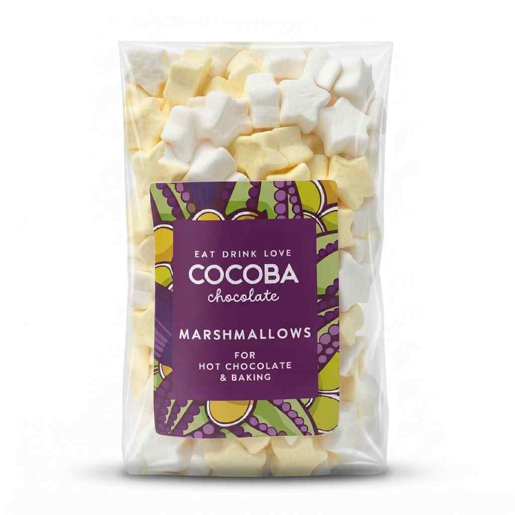 A clear plastic bag of Cocoba Chocolate Marshmallows for hot chocolate and baking, filled with pale yellow and white star-shaped marshmallows, with a purple label on the front.