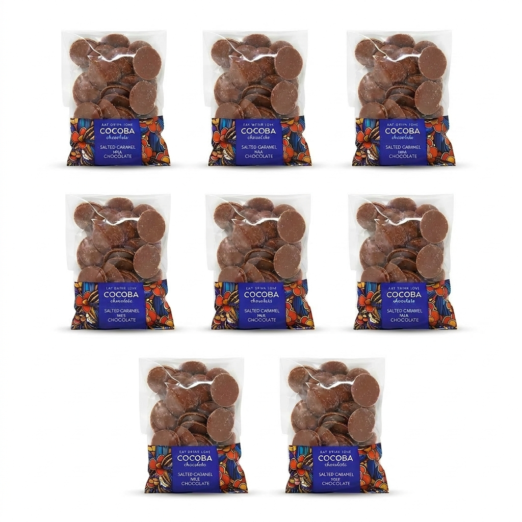 Multiple packages of COCOBA chocolate buttons on a white background