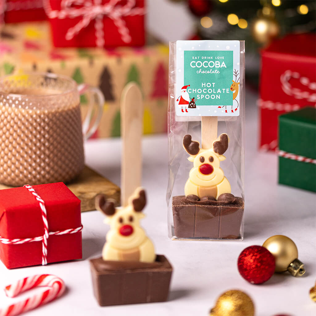 Milk Chocolate Christmas Hot Chocolate Spoon with White Chocolate Reindeer in Christmas packaging