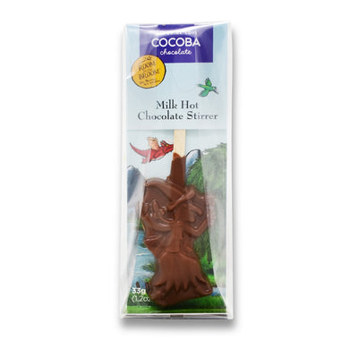 Cocoba chocolate milk hot chocolate stirrer in the shape of the Witch from Room on The Broom on a white background.