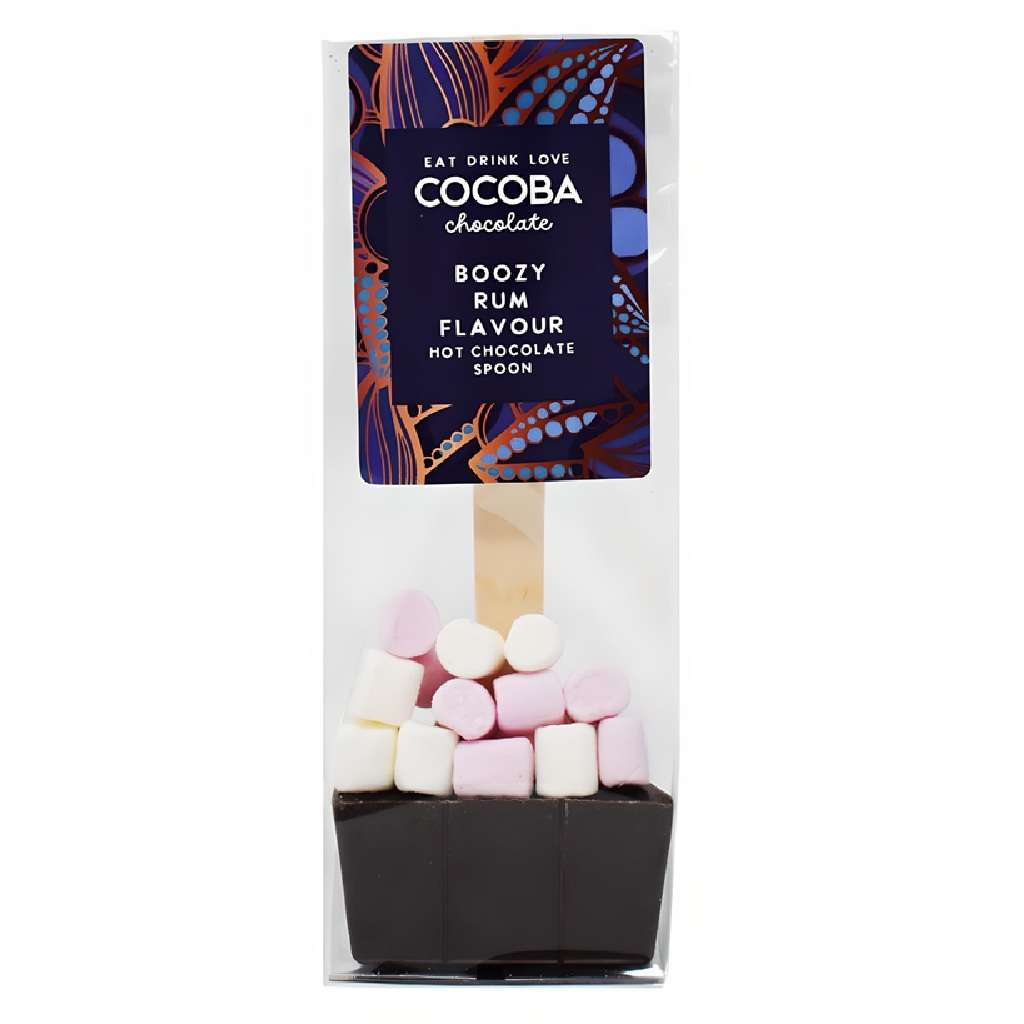 Cocoba boozy rum flavour hot chocolate spoon with marshmallows in packaging