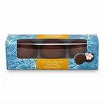 A boxed set of three Salted Caramel Flavour hot chocolate bombs by Cocoa Republic, shown in its blue and white patterned packaging with a clear window.