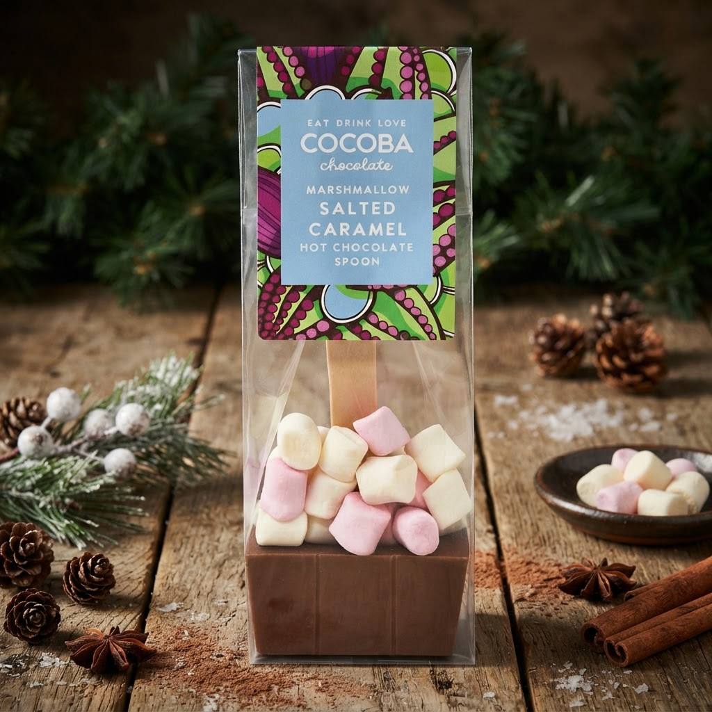 A packaged chocolate hot chocolate spoon set in a clear plastic bag, filled with marshmallows and a brown chocolate base, displayed on a rustic wooden surface with pine branches, pinecones, cinnamon sticks, and star anise.