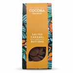 Cocoba chocolate packaging with salted caramel milk chocolate buttons on a white background