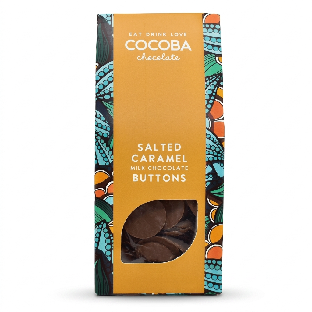Cocoba chocolate packaging with salted caramel milk chocolate buttons on a white background