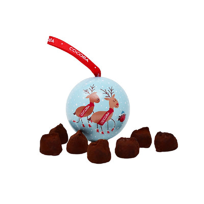 Cocorob chocolate salted toffee truffles with a decorative ball featuring reindeer illustrations on a white background.