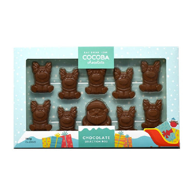 Box of a chocolate Santa and his chocolate reindeer in milk chocolate, in Christmas packaging