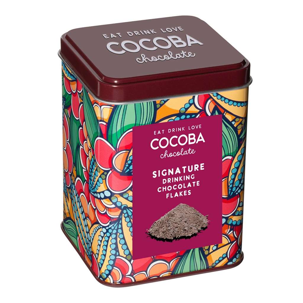 Colorful tin of Cocoba chocolate with decorative design and label.