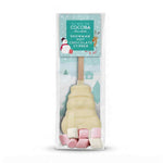 Cocoba Chocolate Snowman Hot Chocolate Stirrer in its original packaging, featuring a white chocolate snowman on a wooden stick with pink and white marshmallows at the base.